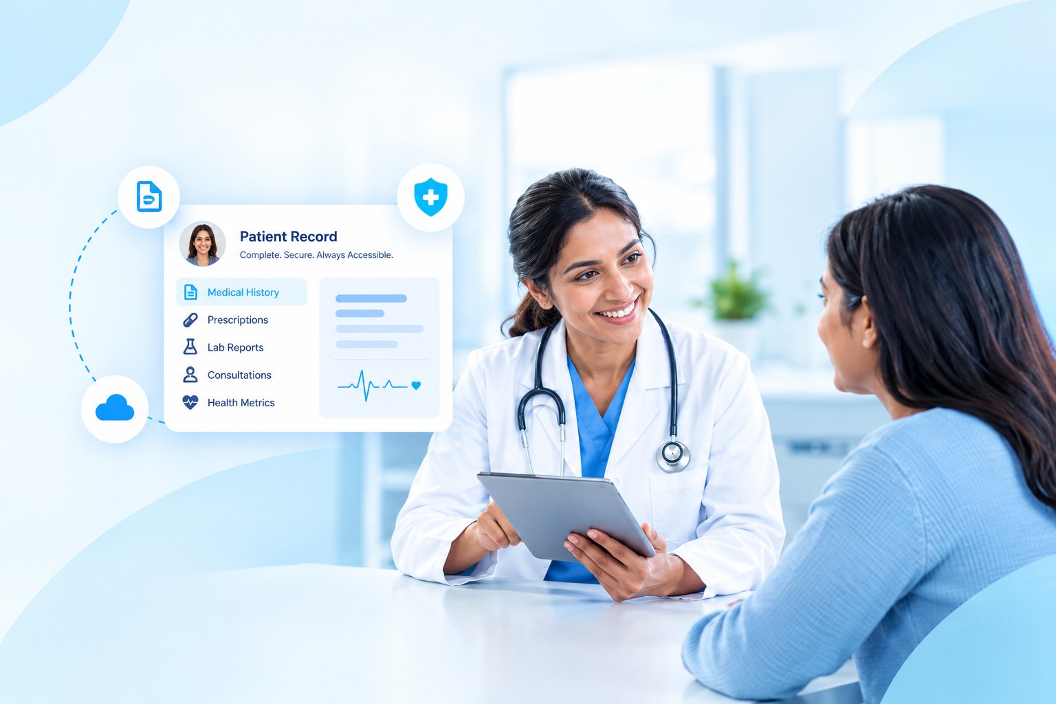 A doctor with a tablet talking with a patient across a desk, with the patient record panel showing medical history, prescriptions, lab reports, consultations and health metrics