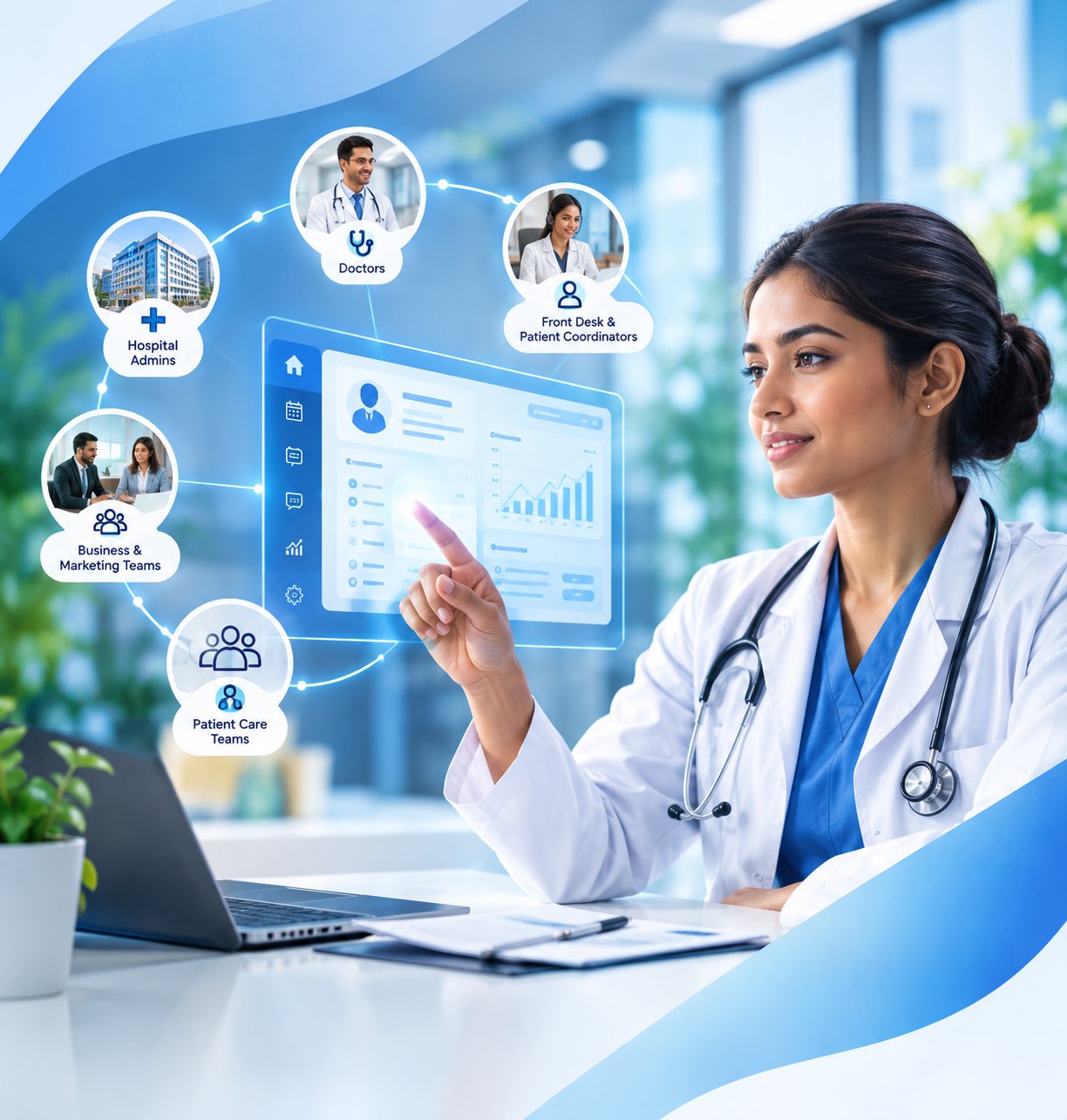 A clinician at a desk using the PyMedic dashboard, with hospital admins, doctors, front desk and patient coordinators, business and marketing teams and patient care teams connected around it